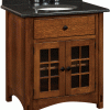 Thin wooden vanity with black counter
