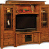 A large, wooden TV display case with large glass doors, multiple drawers, and ample storage space