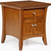 A small wooden end piece with 2 doors and a drawer