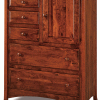 red wooden dresser with 1 door and multiple drawers of varying sizes