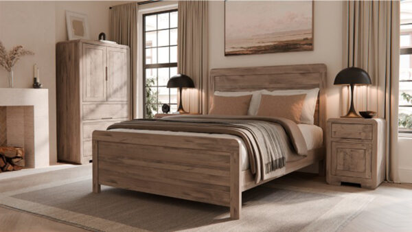 Bedroom with light wooden Amish furniture, including a bed, nightstands, and a wardrobe, with neutral bedding and decor.